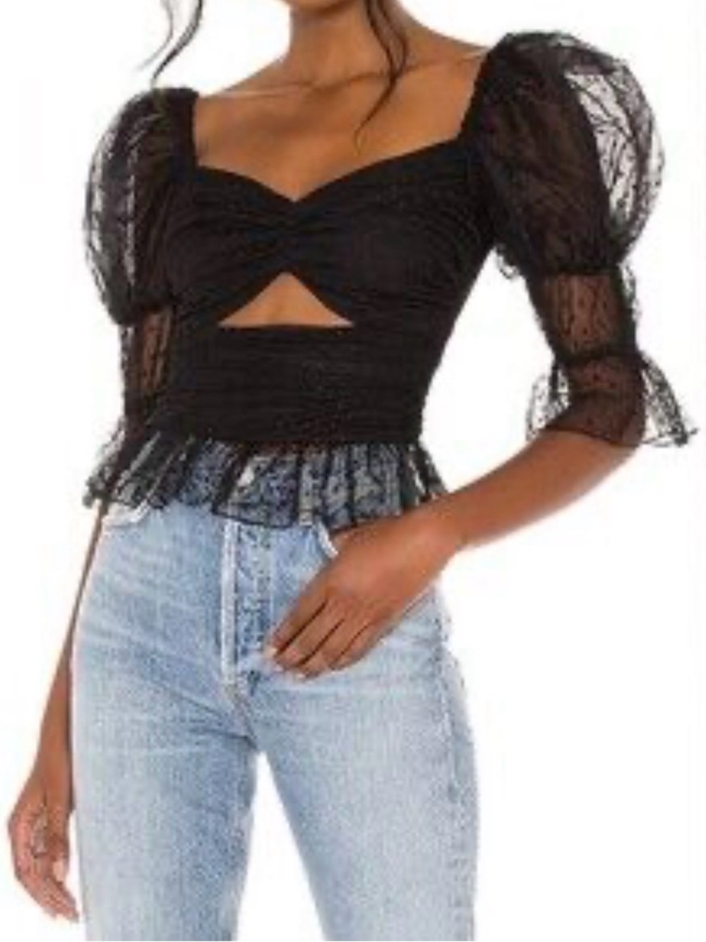 Revolve LPA Dolores Blouse Top Lace Puff Shoulder Sleeve Black Womens Large